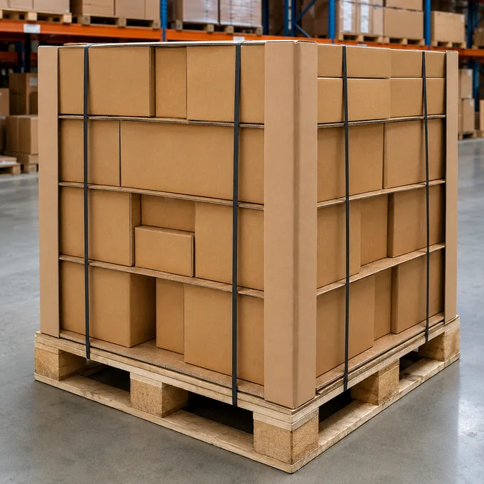 Kraft tier sheets and corner protectors unitising a mixed parts load on a strapped pallet
